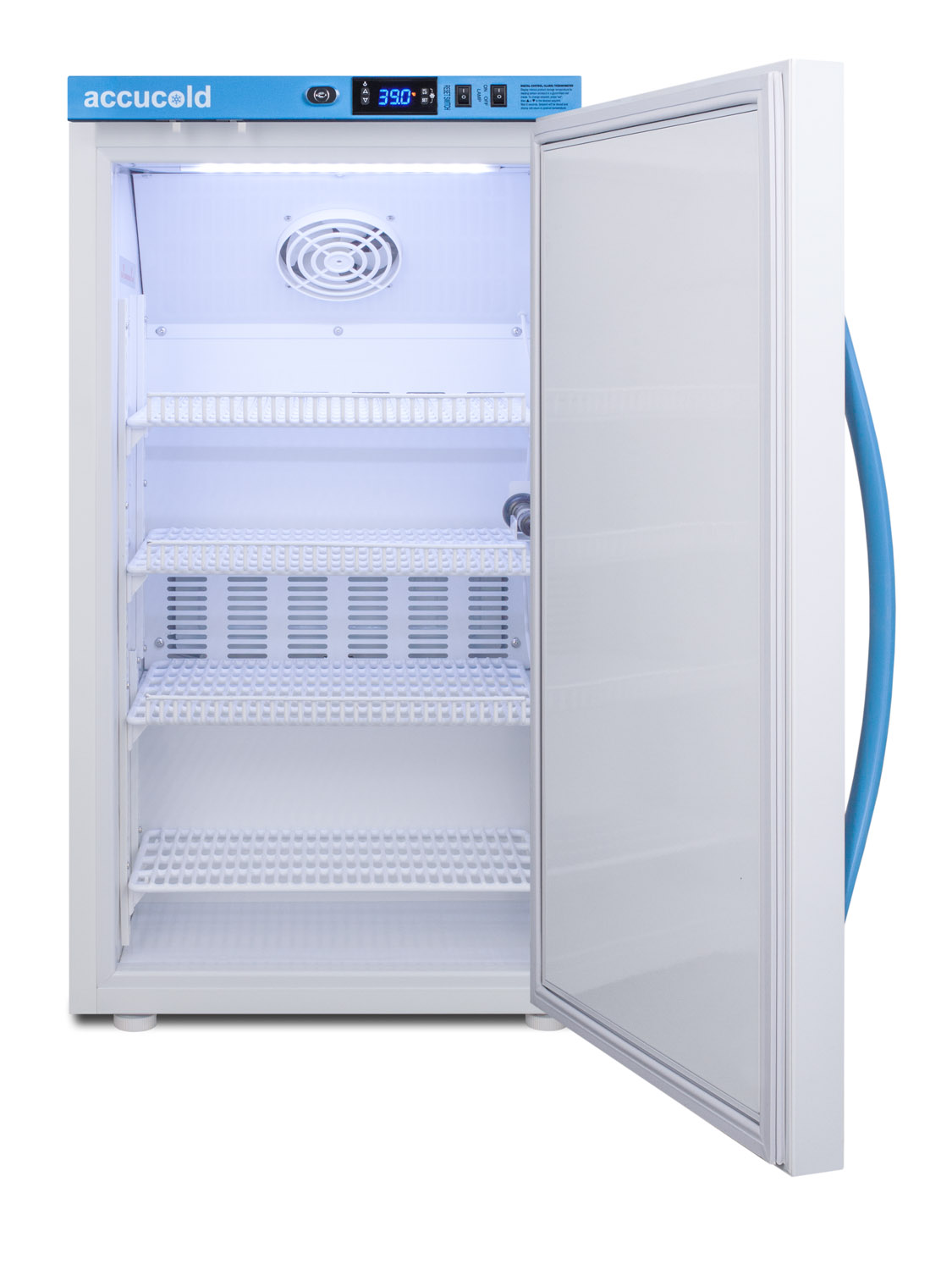 Purpose-built all-refrigerator for breast milk storage with 4 adjustable shelves, a hospital grade cord with 'green dot' plug, and antimicrobial silver-ion handle